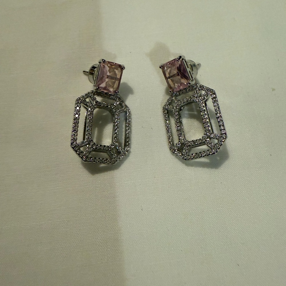 Silver and Pink Geometric Drop Earrings